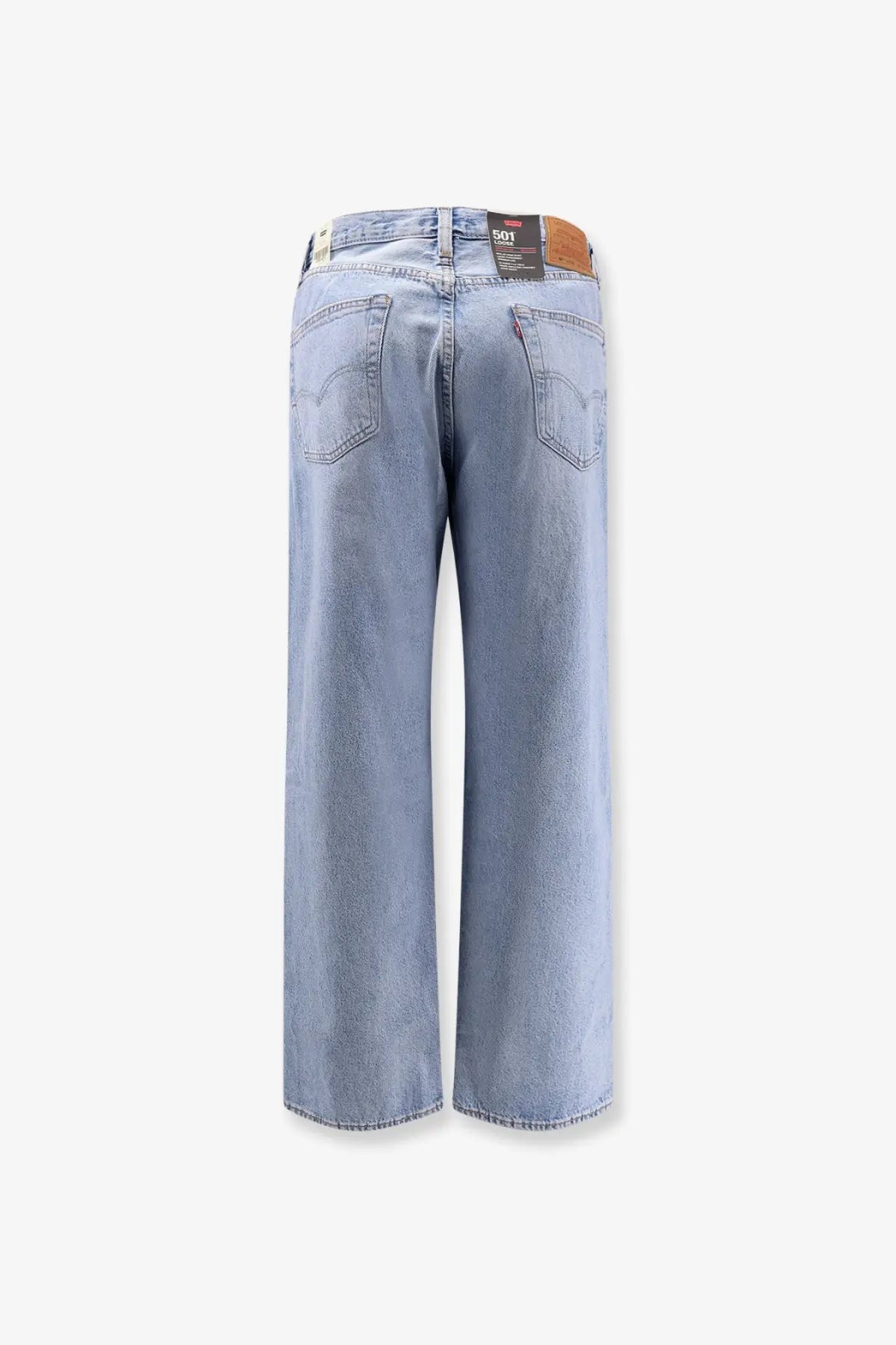 Levi’s men’s light-wash blue denim jeans with a wide-leg cut and classic back pockets showing the back side