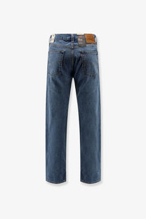 Levi’s men’s relaxed straight jeans in dark blue denim with classic five-pocket design and brown leather patch at waistband