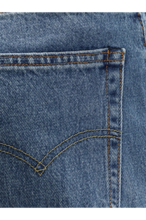 Blue denim pocket of levis men’s relaxed straight jeans with brown stitching and classic levis brand stitch pattern on back side