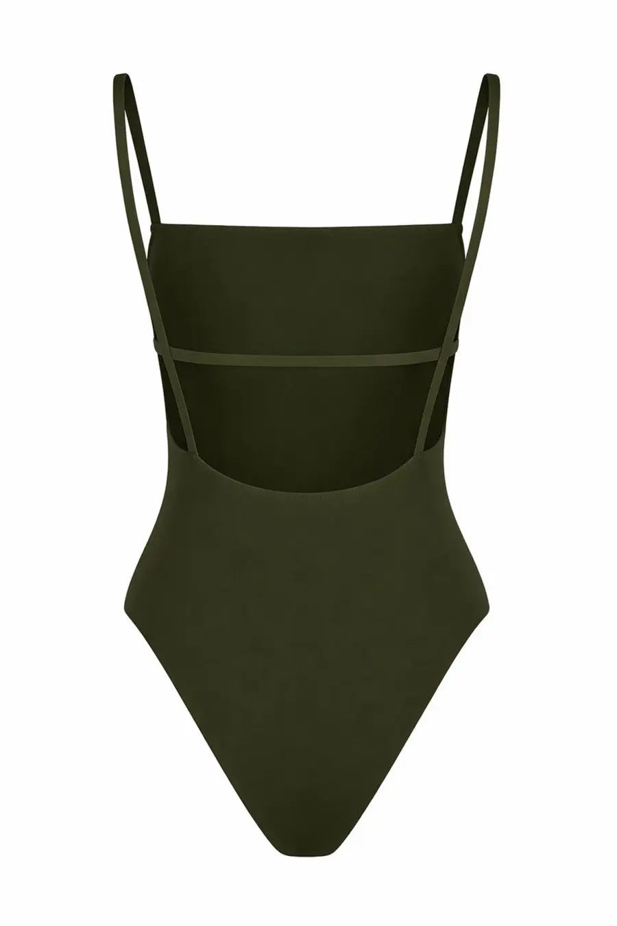 A sleek olive green lido women’s costume intero tre one-piece swimsuit with thin spaghetti straps and minimalist design