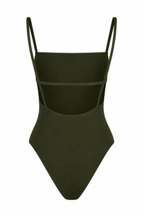 A sleek olive green lido women’s costume intero tre one-piece swimsuit with thin spaghetti straps and minimalist design