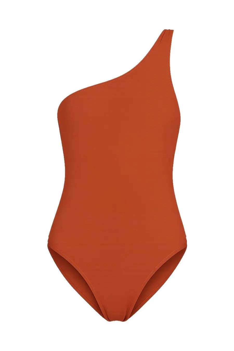 A sleek rust-orange one-shoulder swimsuit with smooth form-fitting design lido women’s costume intero ventinove orange