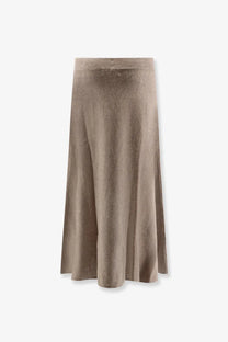 Lisa Yang women’s torie cashmere taupe midi skirt with subtle textured pattern and smooth waistband front view