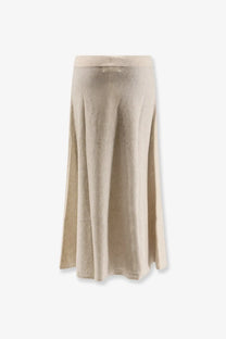 Lisa Yang women’s torie cashmere skirt in white with a flowing beige linen midi design and subtle textured weave with side slits