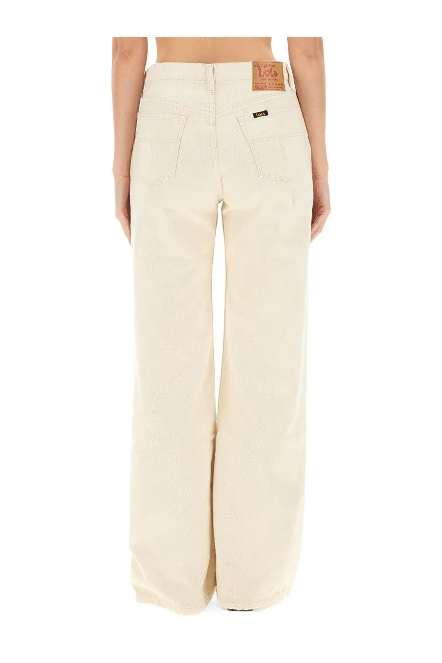 Back view of cream-colored wide-leg denim pants with classic pockets and branded leather patches by Lois Jeans