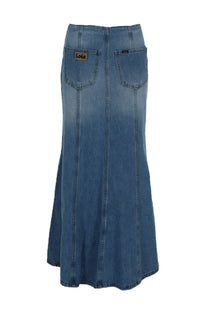 Back view of lois jeans women’s medium-wash denim maxi skirt rohan blue with flared hem and branded leather patch pockets