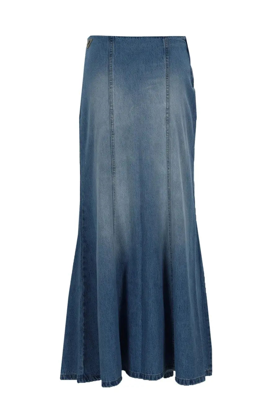 Lois Jeans women’s medium-wash denim maxi skirt in rohan blue with flared hem and vertical seam detailing