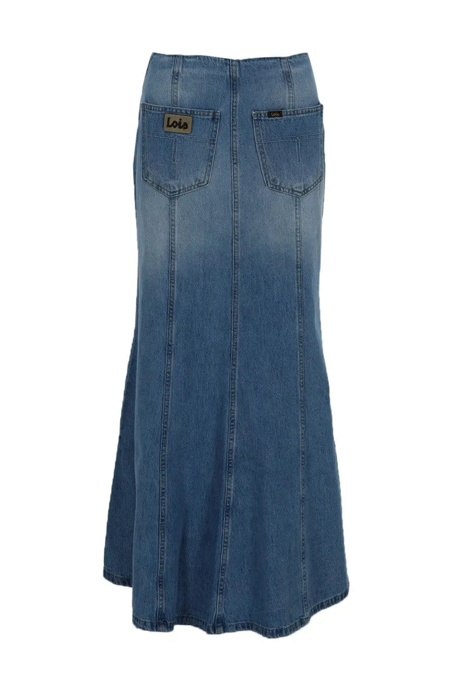 Back view of lois jeans women’s long medium-wash denim skirt with flared hem and branded leather patch pockets