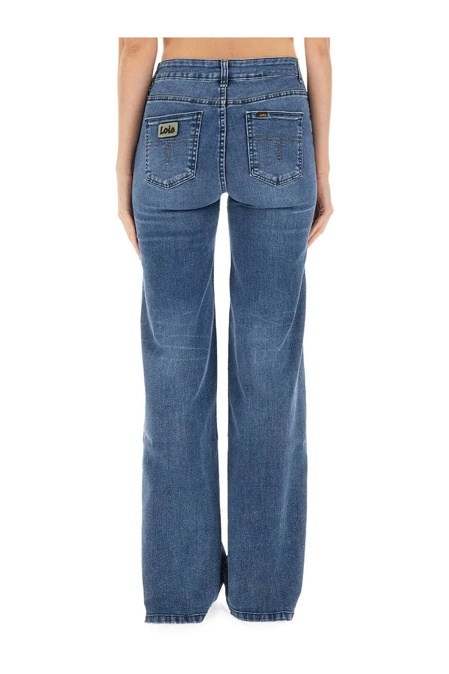 Lois jeans women’s palazzo pants blue showing back side with blue denim straight-leg cut and small lob brand patch