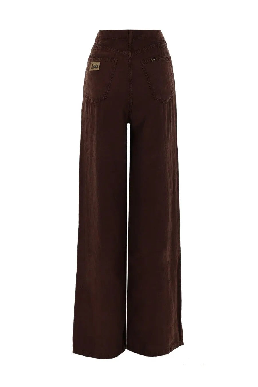 Brown wide-leg denim pants with classic back pockets and a small brand label on the waistband shown from the back