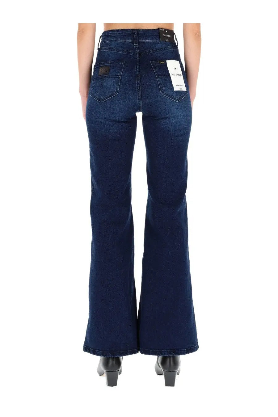 Dark blue denim flare jeans for women showing classic back pocket design and brand tags from lois jeans palas black