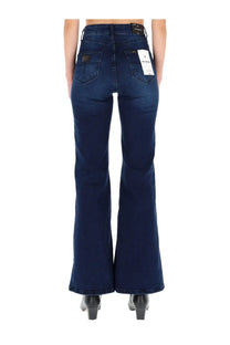 Dark blue denim flare jeans for women showing classic back pocket design and brand tags from lois jeans palas black