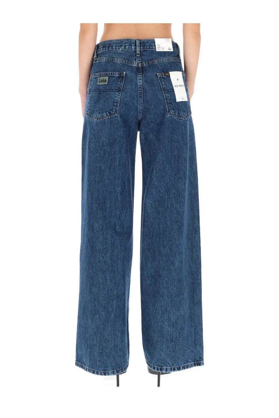 Back view of lois jeans women’s skater loose blue denim wide-leg jeans with classic five-pocket design and brand tags