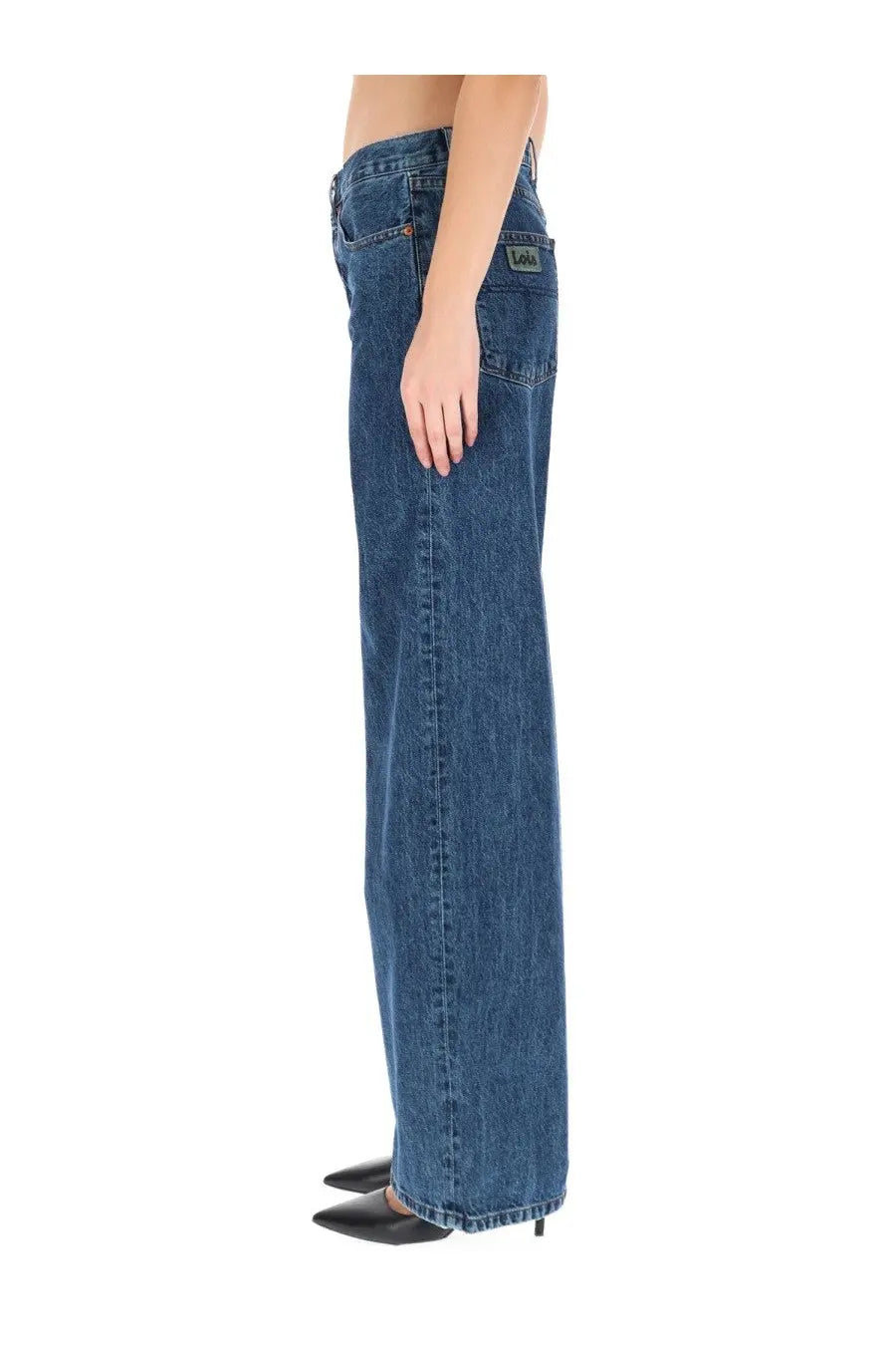 Blue denim wide-leg jeans for women with five-pocket design and wrangler label visible on the back right pocket