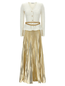 self-portrait Long Pleated Skirt Dress Gold
