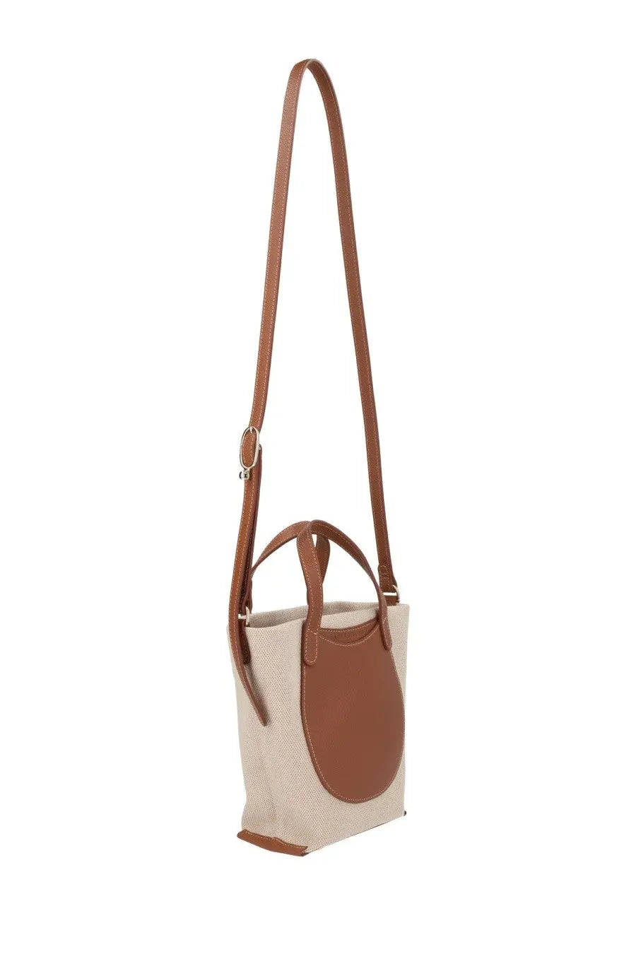 Longchamp women’s accomplice tote bag in brown with beige and brown leather trim and woven canvas body