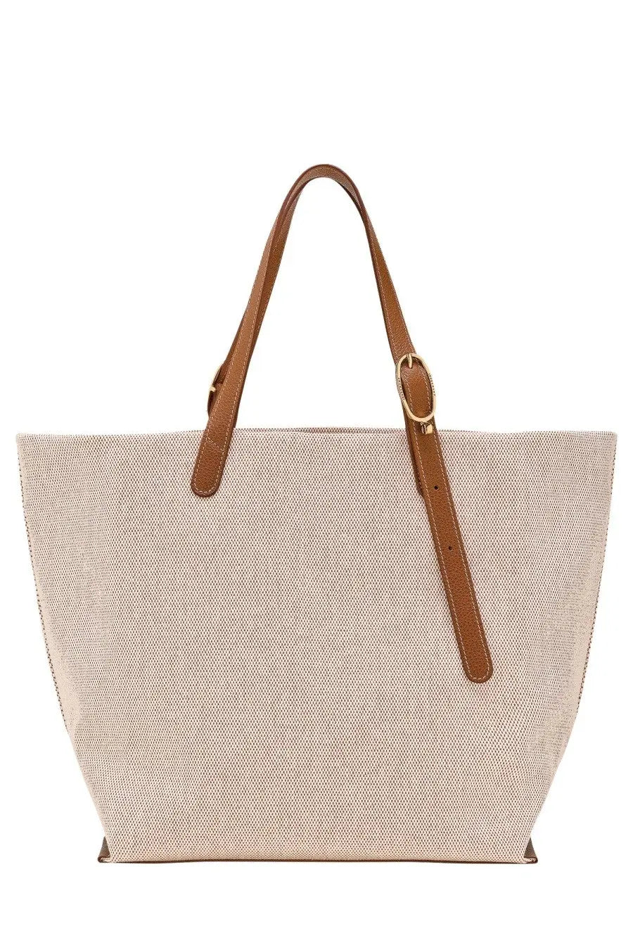 Longchamp women’s accomplice shopping bag in brown beige woven with tan leather handles and a gold-tone buckle strap