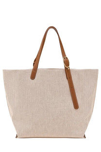Longchamp women’s accomplice shopping bag in brown beige woven with tan leather handles and a gold-tone buckle strap
