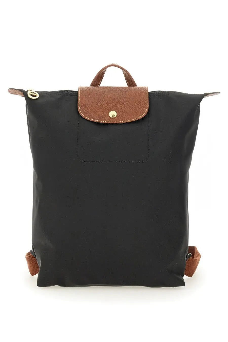 Longchamp women’s backpack le pliage original medium black with brown leather accents and gold-tone hardware