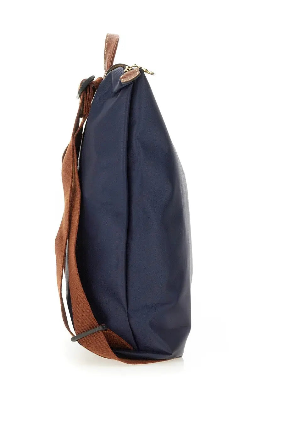 Navy blue Longchamp le Pliage original medium backpack with brown leather straps and gold-tone hardware for women