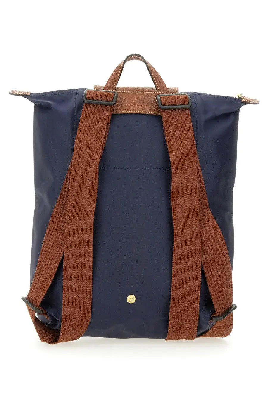 Longchamp women’s backpack in navy blue nylon with brown leather straps and hardware medium size le pliage original
