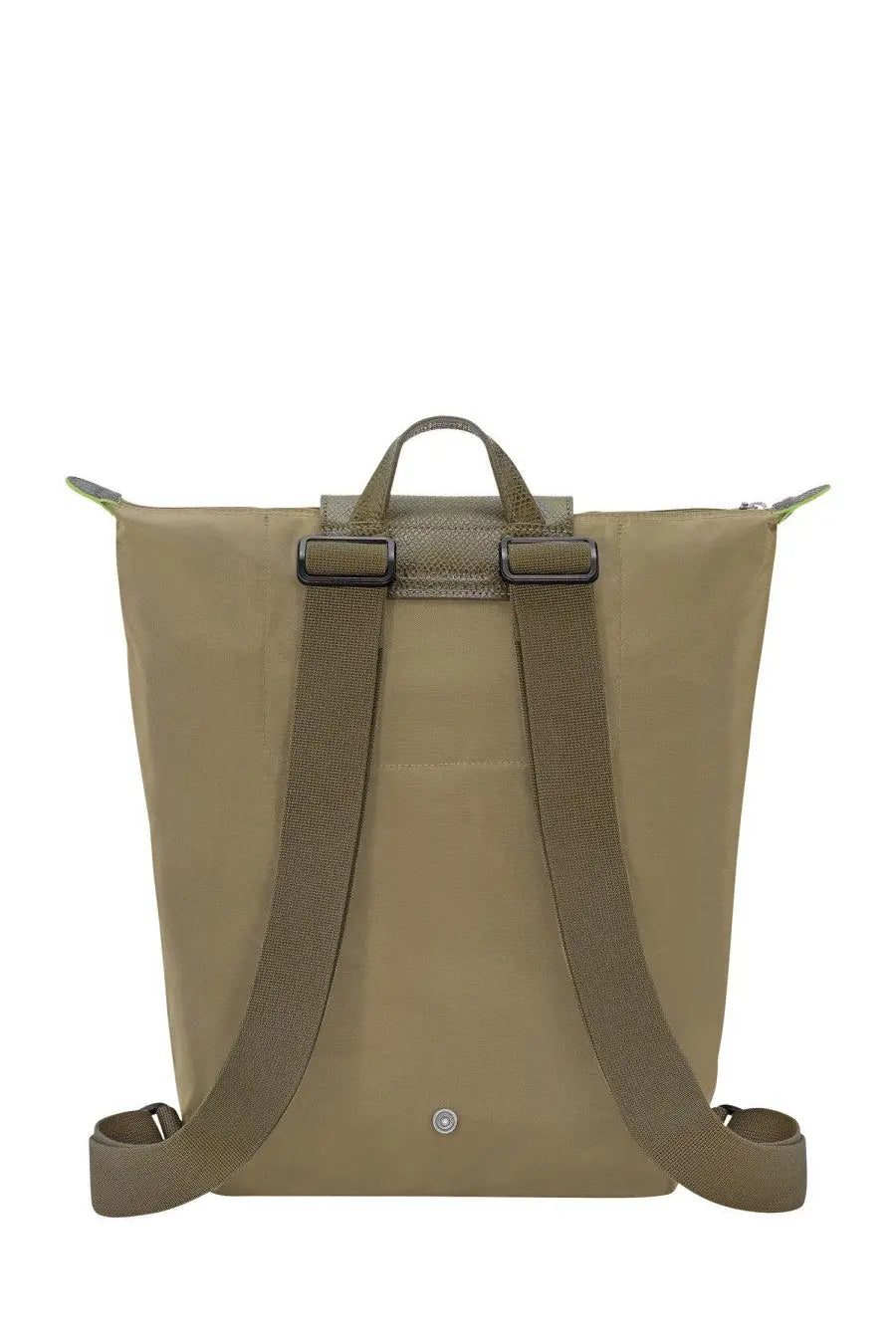 Longchamp women’s green nylon backpack le pliage original medium with adjustable straps and top handle visible from back side