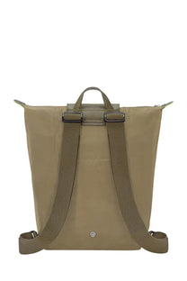 Longchamp women’s green nylon backpack le pliage original medium with adjustable straps and top handle visible from back side