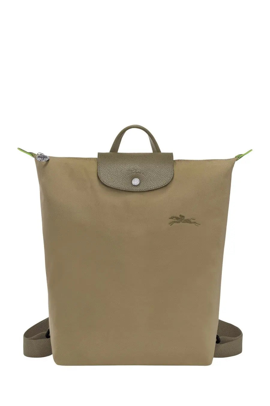 Olive green Longchamp women’s backpack Le Pliage Original medium with textured leather flap and subtle embroidered logo