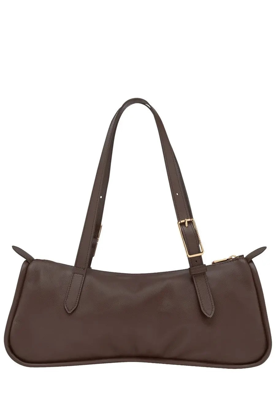 Longchamp women’s brown leather shoulder bag with gold-tone buckle and zipper details
