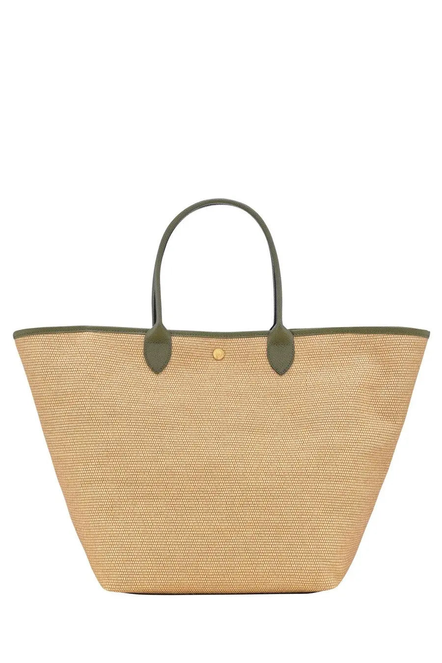 Longchamp women’s basket bag la pliage green beige woven straw tote with olive green leather handles and trim