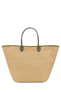 Longchamp women’s basket bag la pliage green beige woven straw tote with olive green leather handles and trim
