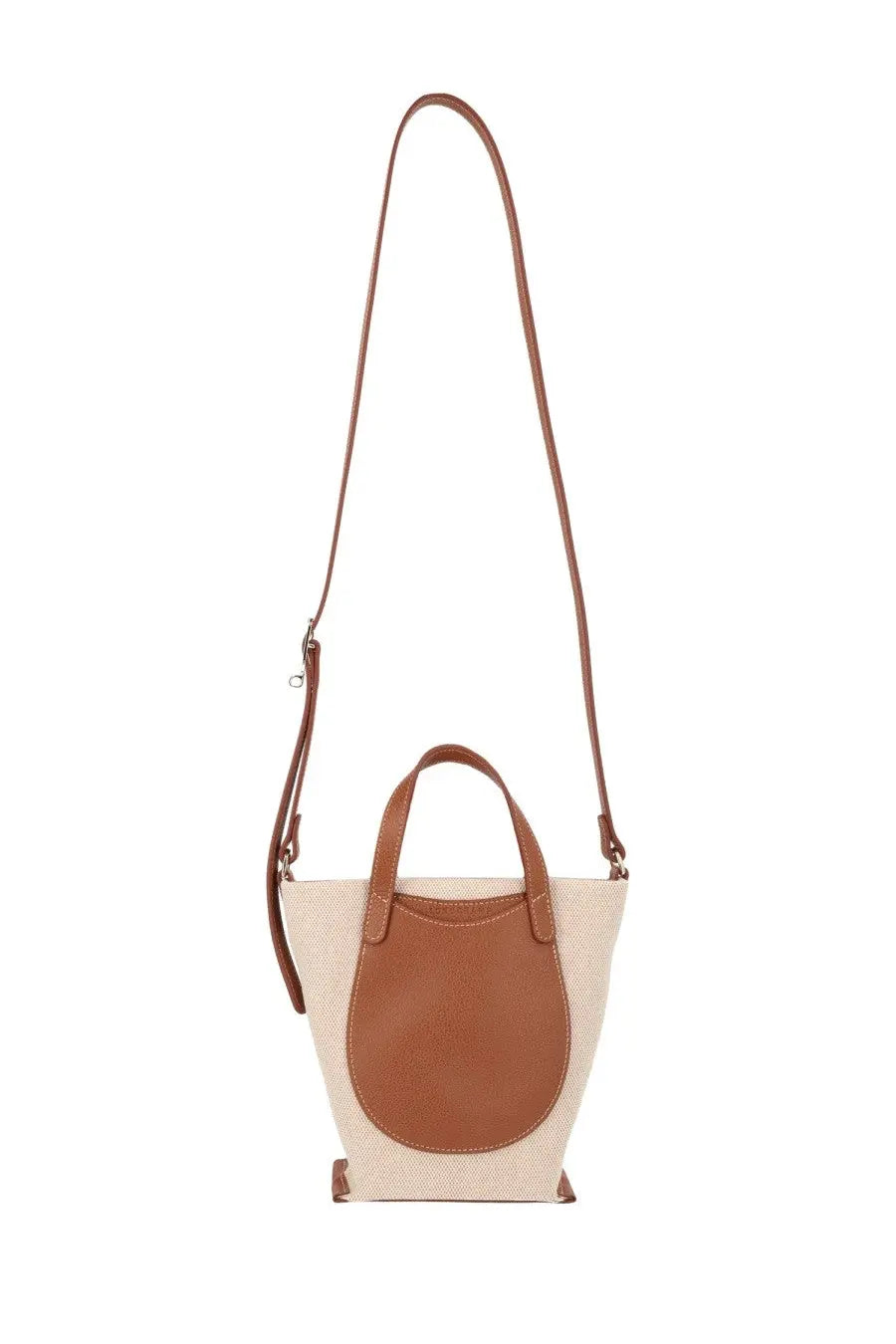 Longchamp womens borsa complice brown beige and tan leather crossbody bucket bag with textured canvas body and brown handles