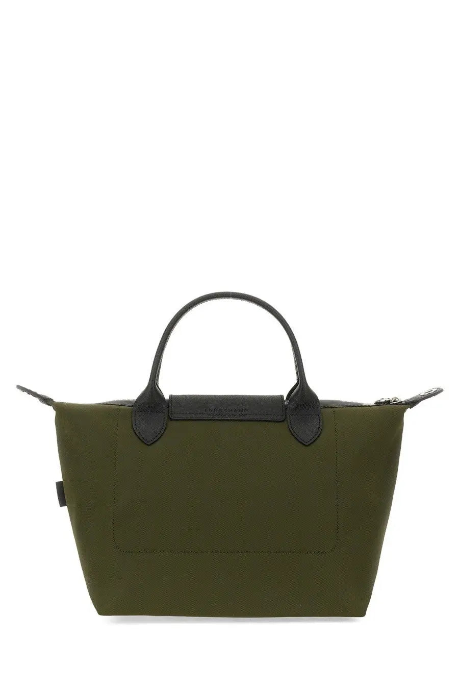 Olive green longchamp le pliage tote bag with black leather handles and trim in borsa con manico le pliage xtra brown