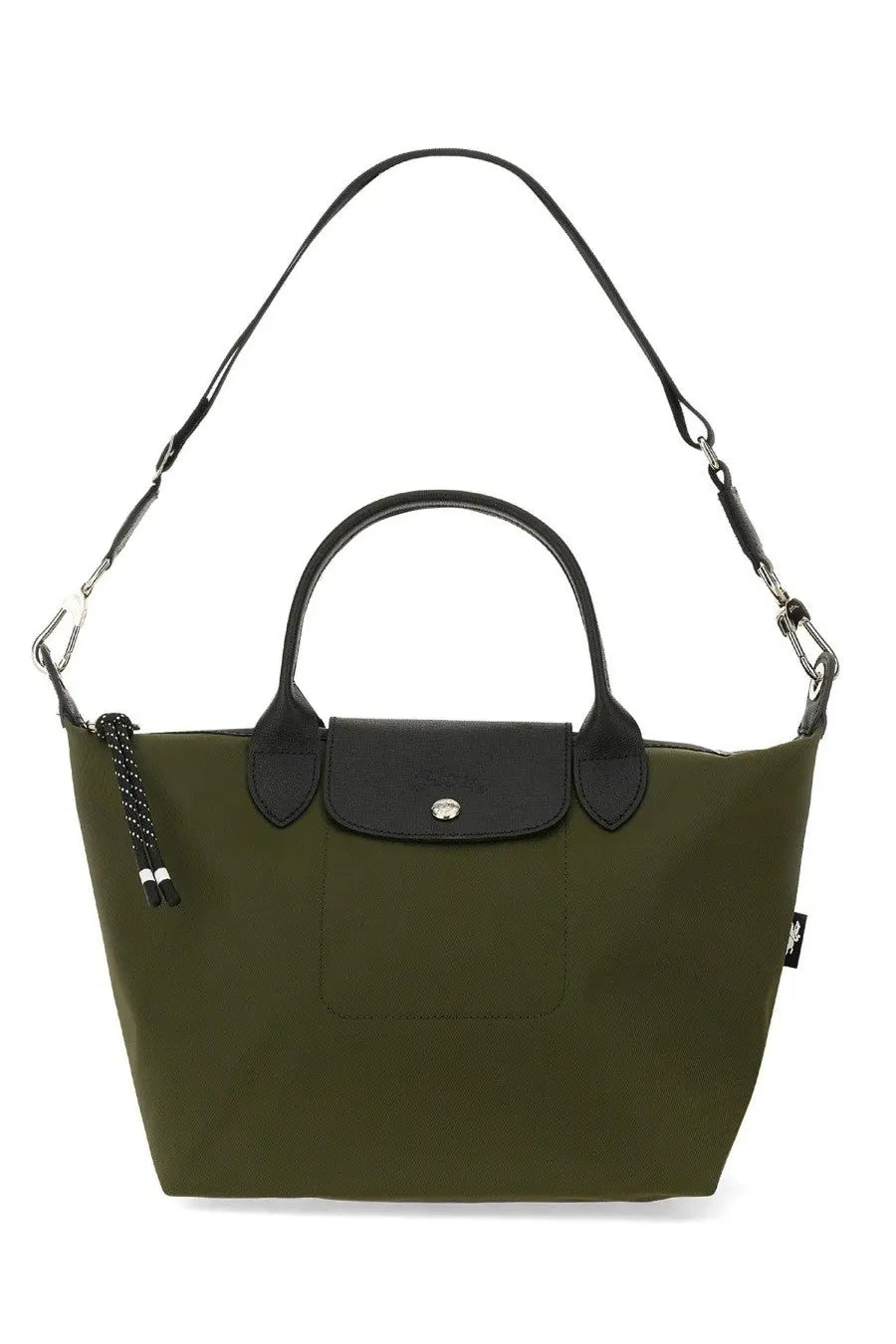 Longchamp women’s borsa con manico le pliage olive green tote bag with black leather handles and silver logo clasp