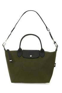 Longchamp women’s borsa con manico le pliage olive green tote bag with black leather handles and silver logo clasp