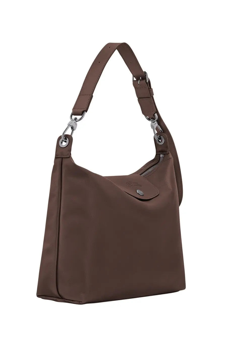 Longchamp women’s borsa hobo medium brown leather shoulder bag with silver hardware and flap closure