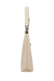 Beige leather Longchamp women’s shoulder bag with sleek minimalist design and silver toned hardware