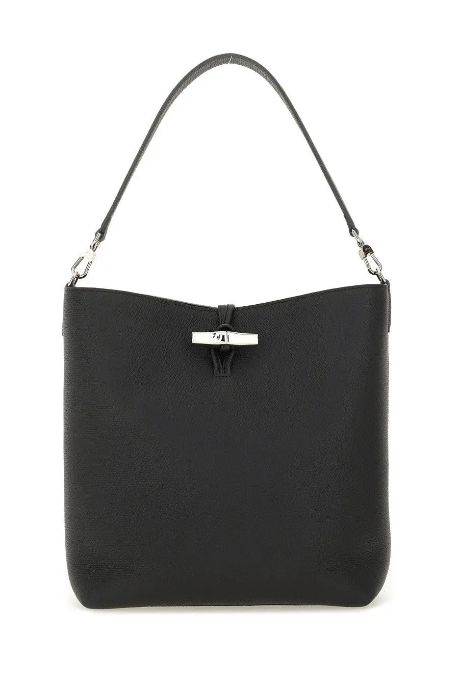 Longchamp women’s borsa hobo le roseau black black leather handbag with silver-tone metal clasp and matching shoulder strap
