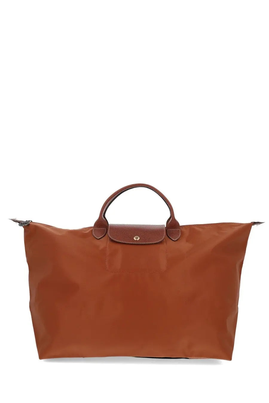 Longchamp women’s borsa le pliage original brown tote bag with brown leather trim foldable design and metallic logo
