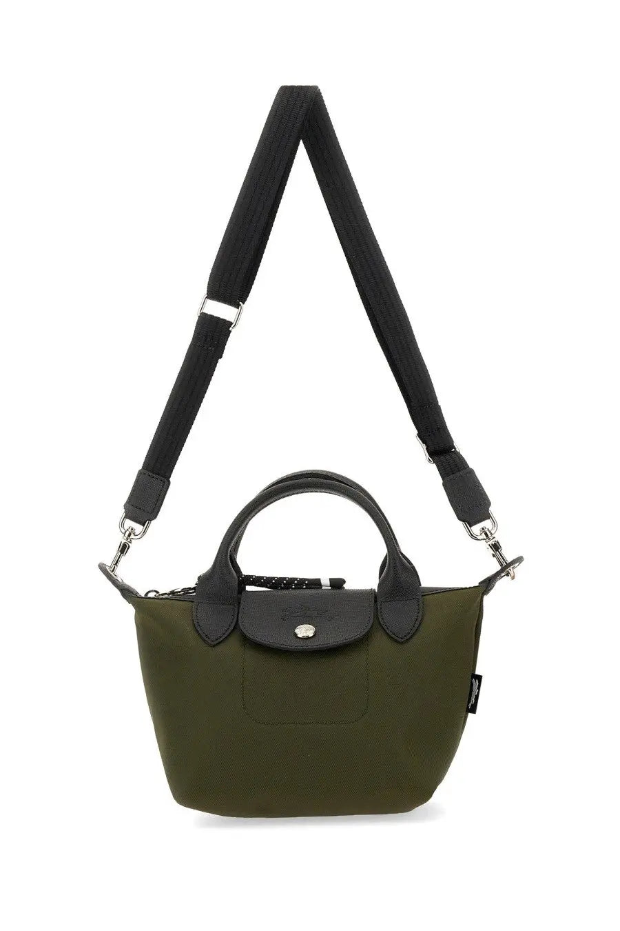 Longchamp women’s olive green le pliage mini crossbody bag with black leather handles and strap in brown energy style