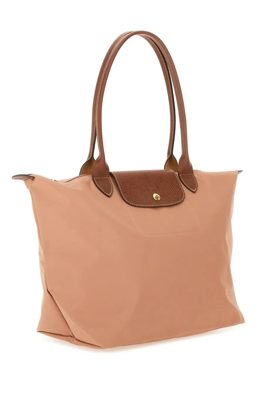 Beige longchamp le pliage tote bag with brown leather handles and textured flap closure in large size