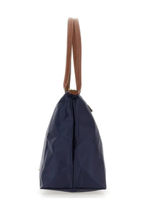 Navy blue nylon tote bag with brown leather handles longchamp womens borsa le pliage large blue