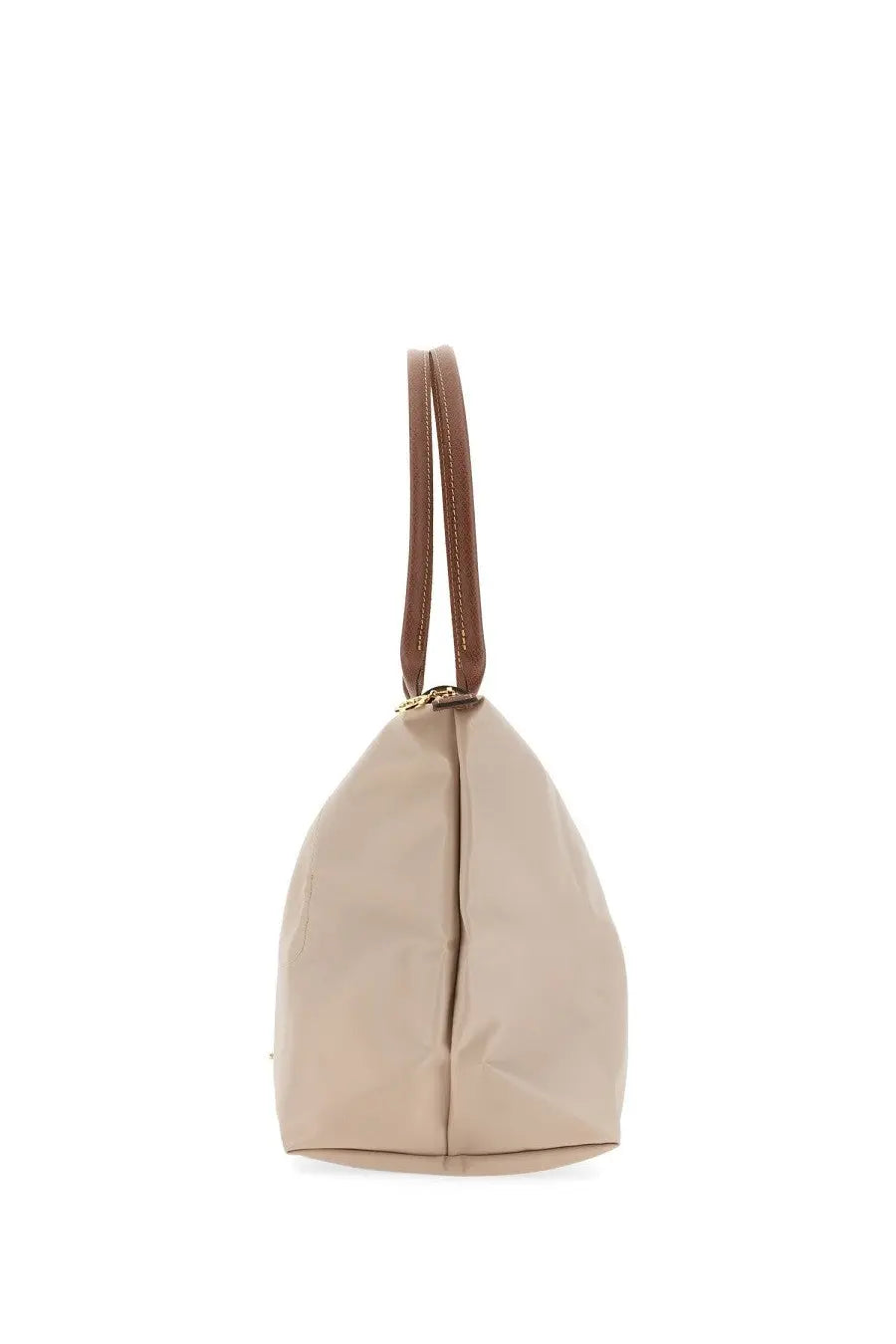 Longchamp women’s borsa le pliage large beige nylon tote bag with brown leather handles and gold tone hardware