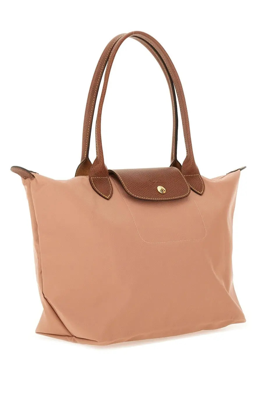 Beige Longchamp Le Pliage tote bag with brown leather handles and matching flap closure for women medium blue collection