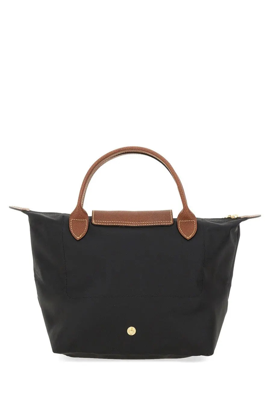 Longchamp women’s borsa le pliage small black tote bag with brown leather handles and trim made of nylon