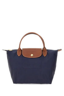 Longchamp Women’s borsa le pliage small navy blue handbag with brown leather handles and flap