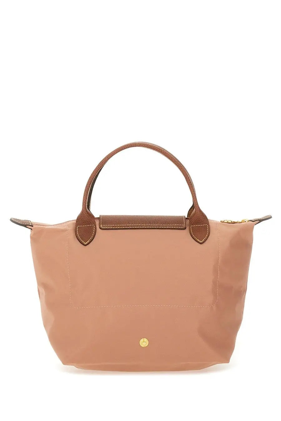 Tan longchamp le pliage tote bag with brown leather handles and gold-tone hardware in a blue small size design
