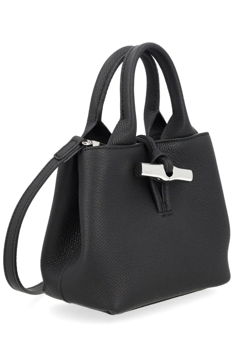 Longchamp women’s borsa mano le roseau2 black leather handbag with silver-tone metal clasp and top handles