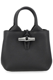 Longchamp women’s borsa mano le roseau2 black leather handbag with silver-tone metal clasp and top handles