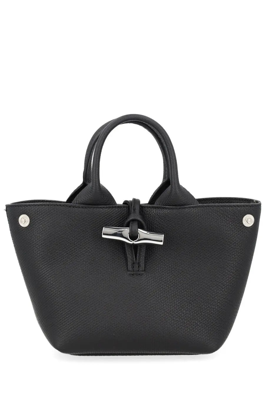 Longchamp women’s Borsa Mano le roseau2 black leather tote bag with silver-tone metal clasp and circular hardware accents